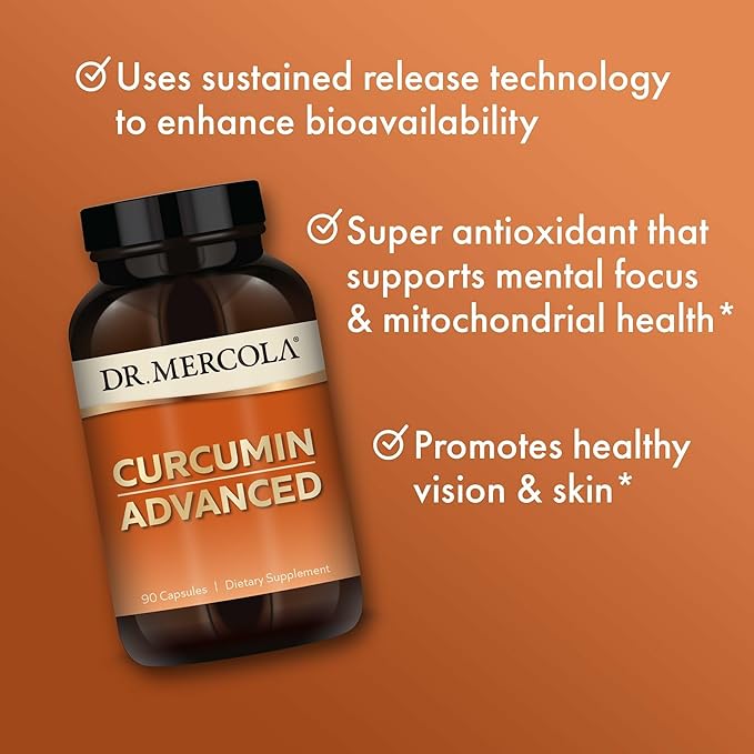Dr. Mercola Curcumin Advanced - 500 mg Curcumin Root Extract - 95% Curcuminoids - For Vision Health Digestion &amp Focus - Sustained Release - Non-GMO Gluten-Free &amp Soy-Free - 90 Servings (90 C