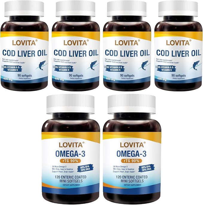 LOVITA Immune &amp Vision Bundle - 2 Fish Oil (120ct) &amp 4 Cod Liver Oil (90ct) Natural Vitamin A &amp D Source (6 Pc Value Pack)