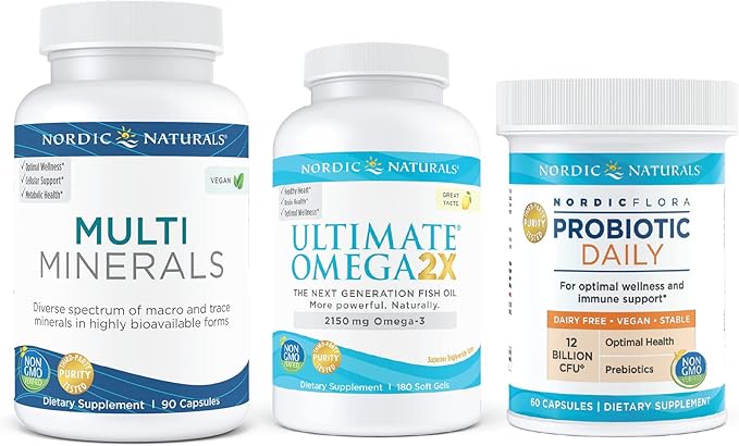 Nordic Naturals Starter Pack - Multi Minerals Ultimate Omega 2X Nordic Flora Probiotic Daily
