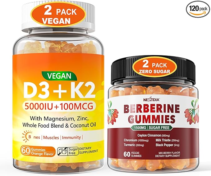 2Pack Vegan Vitamin D3 5000IU K2 Gummies+ 2Pack Berberine Supplement 1500mg Gummies