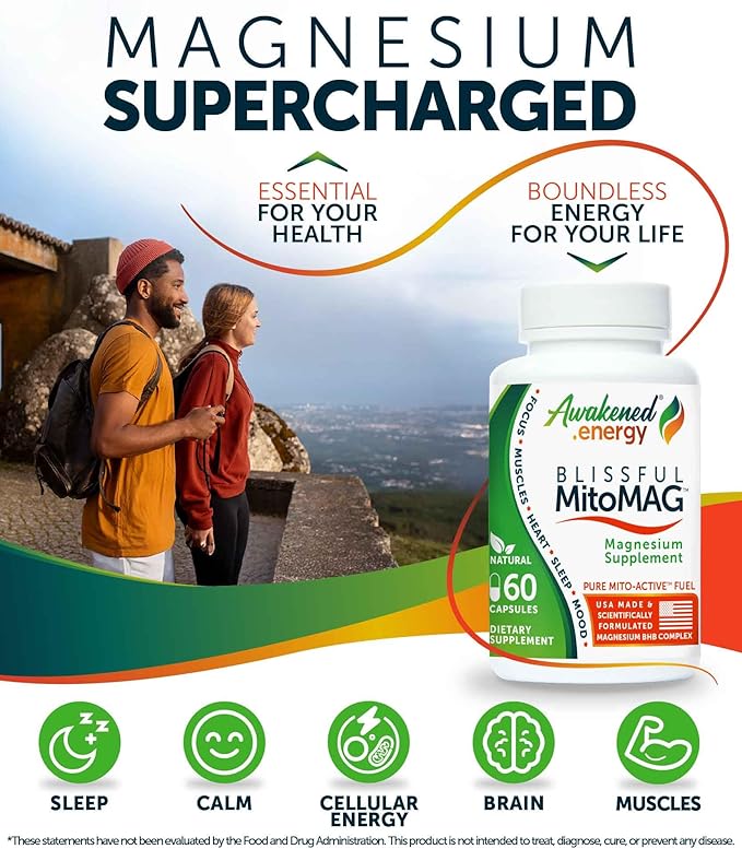 Blissful MitoMag – 300mg Elemental Magnesium Complex: Mg Glycinate Mg BHB - Sleep Muscles Mood Energy Cognitive Focus Calm – All Natural USA Made No Additives – 60 Vegan Capsules Supplement