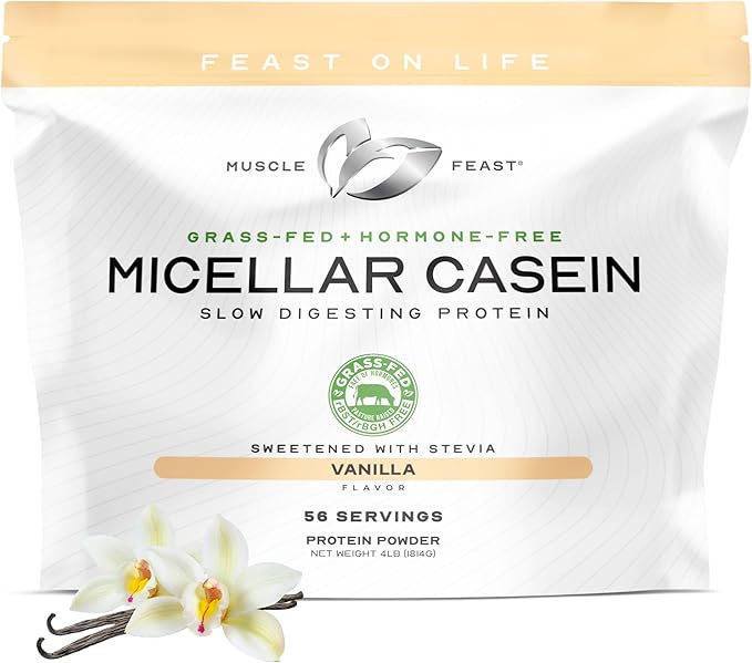 Muscle Feast Grass Fed Micellar Casein Protein Powder Pasture Raised &amp Hormone Free Slow Digesting Casein Protein - Supports Overnight Muscle Recovery Gluten Free Protein Powder - Vanilla 4lb