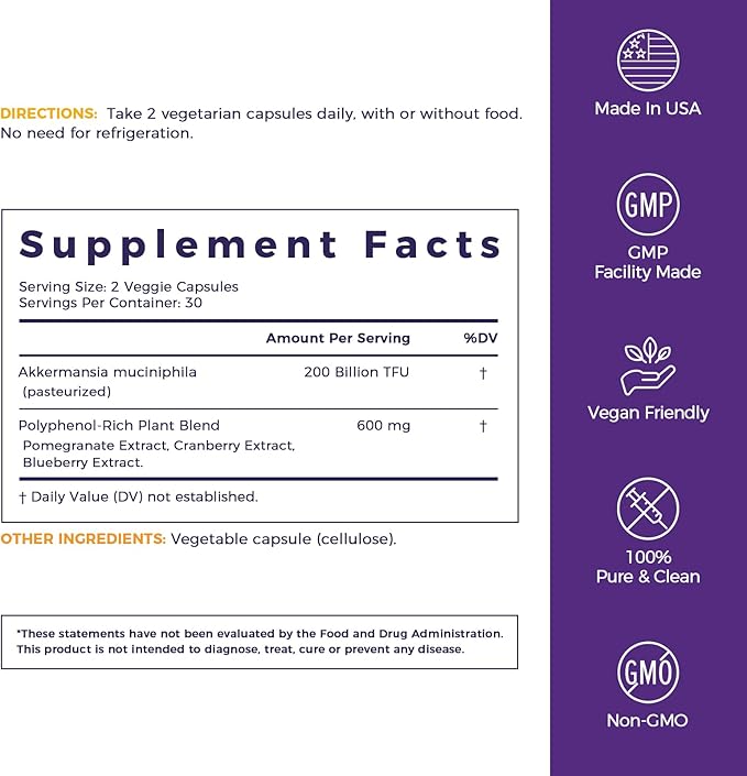 NewRhythm Akkermansia Muciniphila for Women &amp Men 200B TFU Naturally Increase GLP-1 Metabolism Booster Gut Lining Repair Cranberry Blueberry Pomegranate Extracts Vegan 60 Caps