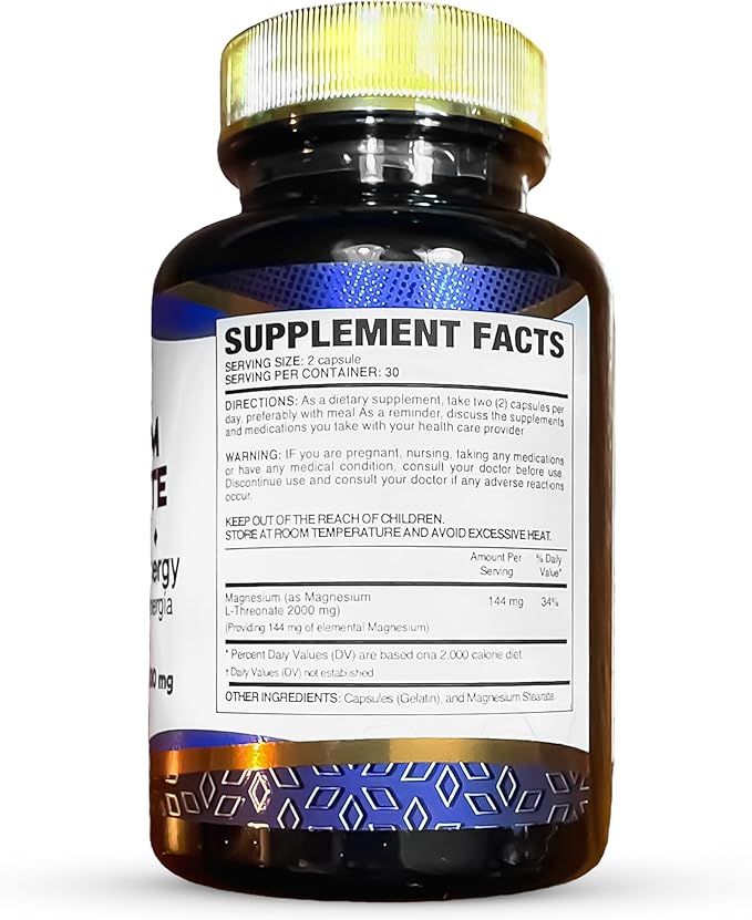 Magnesium L-Threonate Capsules Enhanced Memory stabilizing Emotions slowing Down of neurological Illnesses. 60 Magnesium L-Threonate Capsules.