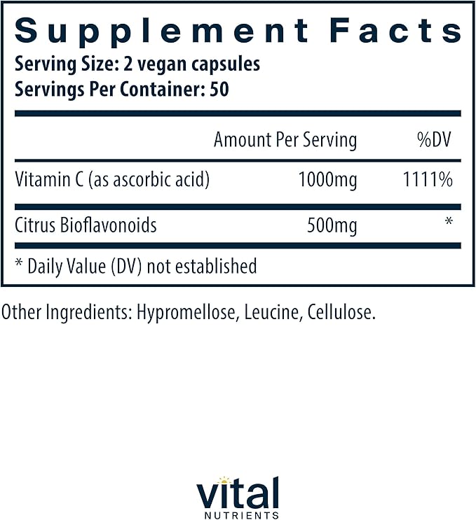 Vital Nutrients Vitamin C with Bioflavonoids - Vegan Supplement for Immune Support* - 1000mg Vitamin C and 500mg Citrus Bioflavonoid - Gluten Dairy and Soy Free - Non-GMO - 100 Capsules