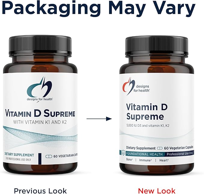 Designs for Health Vitamin D Supreme - Vitamin D 5000 IU with 2000mcg Vitamin K as MK4 for Bone Health Heart Health Mood &amp Immune Support - Vitamin D3 Enhanced with GG Supplement (60 Capsules)