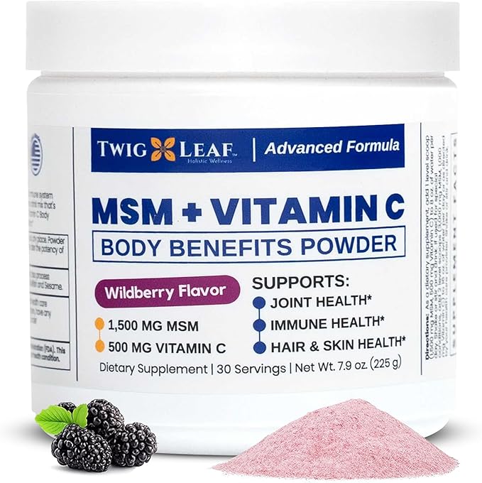 Twig &amp Leaf MSM + Vitamin C Powder – MSM Powder for Hair Growth Nails &amp Joint Support – Non-GMO Gluten Free – 30 Servings - 7.9 oz