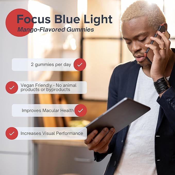 Focus Blue Light Supplement | Lutein and Zeaxanthin Supplement for Eye Health and Blue Light Protection | 60 Count Mango Flavored Gummy 30 Day Supply