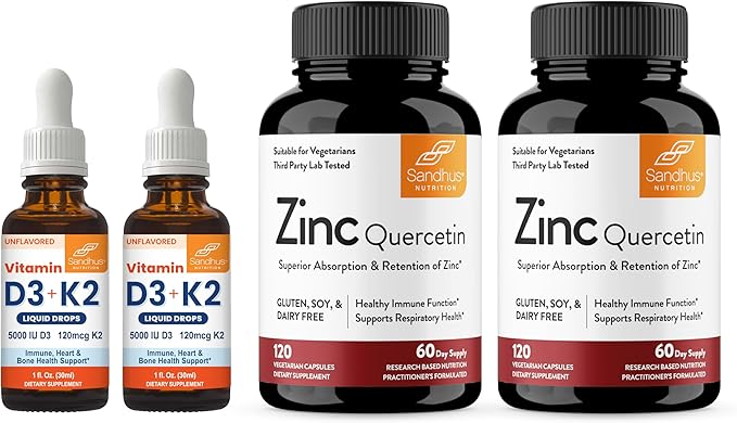 Sandhu's D3K2 Drops &amp Zinc Quercetin Capsules for Immune Health Support