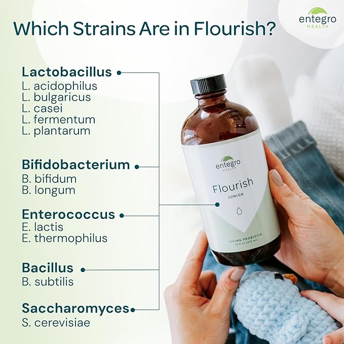 ENTEGRO Flourish Junior Liquid Probiotic &amp Postbiotic Supplement - Plastic | 11 Live Cultures | Gut &amp Digestive Health for Women Men &amp Kids | Organic Vegan Allergen Free | USA Made | 16