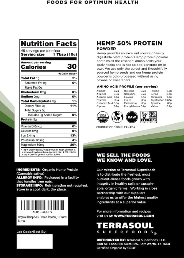 Terrasoul Superfoods Organic Hemp Protein Powder (50% Protein) 2 Pounds