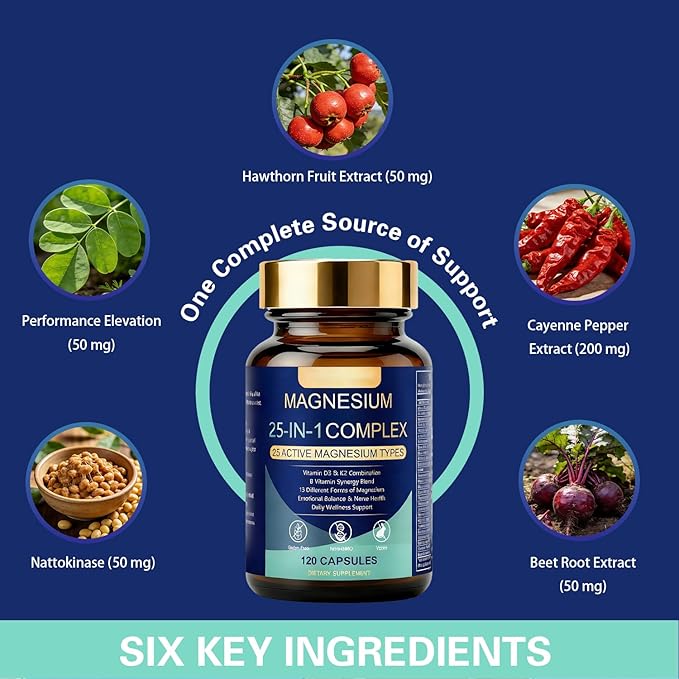 25-in-1 Magnesium Complex Supplement with Ashwagandga | High Absorption Magnesium Glycinate for Muscle Nerve &amp Sleep Support | Vegan Stress Relief &amp Energy Support Capsules for Women &amp Me