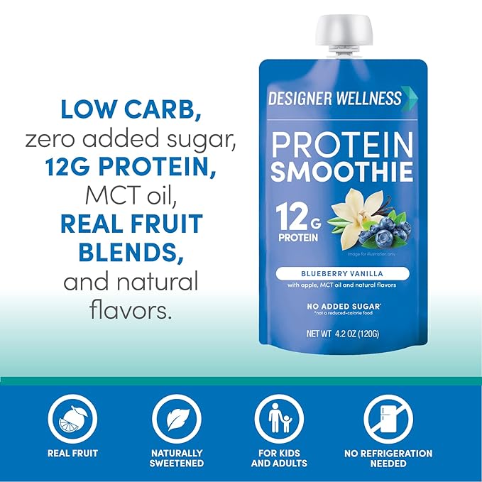 Designer Wellness Protein Smoothie Real Fruit 12g Protein Low Carb Zero Added Sugar Gluten-Free Non-GMO No Artificial Colors or Flavors Blueberry Vanilla 12 Count
