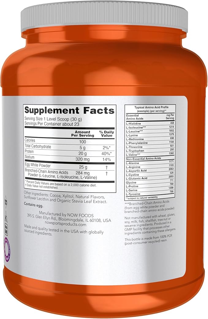 NOW Foods Sports Nutrition Egg White Protein 20 g With BCAAs Creamy Chocolate Powder 1.5-Pound