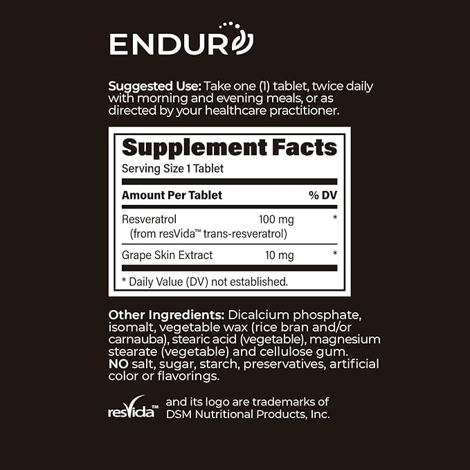 Endur Resveratrol Healthy Aging &amp Cardiovascular Support Supplement Instant Release Antioxidant Grape Skin Extract Gluten Free 100mg (150 Tablets)