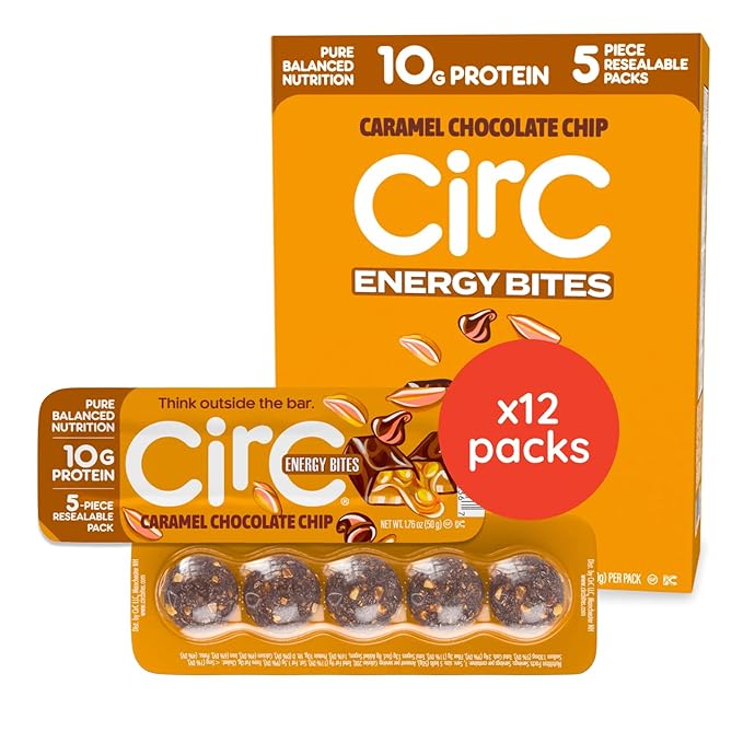 CirC Energy Bites - 12 Pack Caramel Chocolate Chip Gluten Free Protein Balls - 10g Protein Whole Grains Nuts &amp Fruit - Portable Healthy Snacks for Adults &amp Kids 5 Piece Resealable Packs