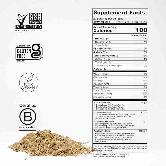 Plant Based Protein Powder w/Superfoods Ashwagandha Reishi Lions Mane for Optimal Health | 18G of Organic Chocolate Vegan Protein Gluten Free Stevia Free Sugar Free 20 Servings