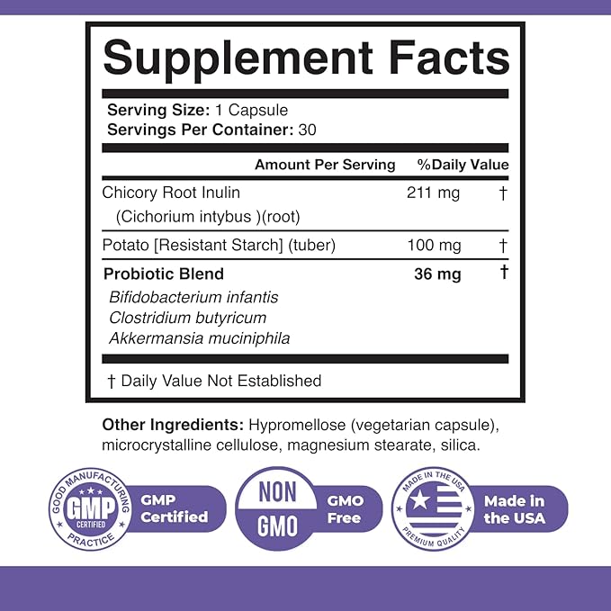 LipoTide – Daily Fiber &amp Probiotic Supplement with Inulin Resistant Starch &amp Three Probiotic Strains – Made in USA Non-GMO Stimulant-Free – 30 Capsules 1 Month Supply