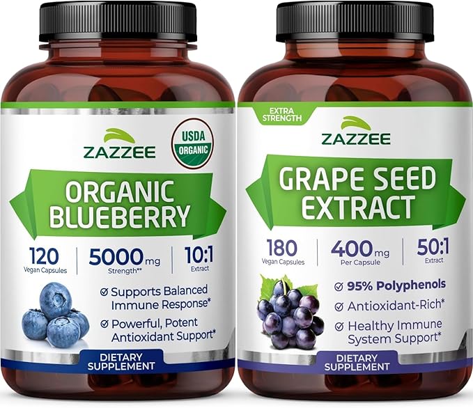 Zazzee Polyphenol Anti Aging Bundle | Antioxidant Rich 50:1 Grape Seed Extract Capsules and Organic Blueberry Extract Supplement | Non-GMO Vegan &amp ISO Lab Tested (120 Servings Each)