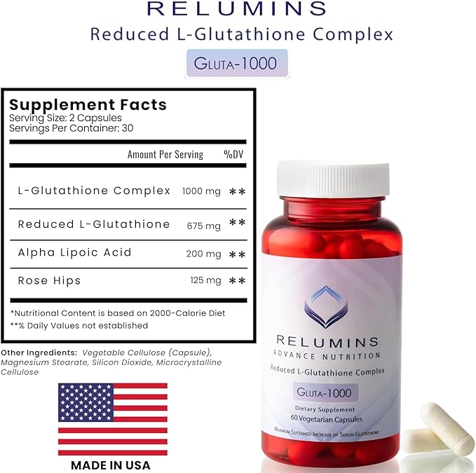 Relumins L-Glutathione Supplement Complex - Spring Glow Essential - World’s Most Advanced Reduced Glutathione 1000mg with Alpha Lipoic Acid for Smoother &amp Brighter Skin Made in USA - 60 Caps