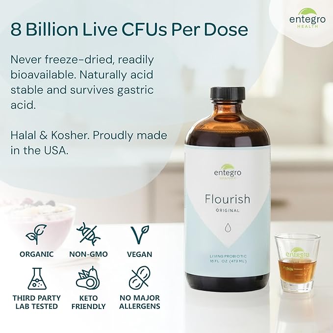 ENTEGRO Flourish Original Liquid Probiotic &amp Postbiotic Supplement - Plastic | 11 Live Cultures | Gut &amp Digestive Health for Women Men Kids | Organic Vegan Allergen Free | USA Made | 16 fl