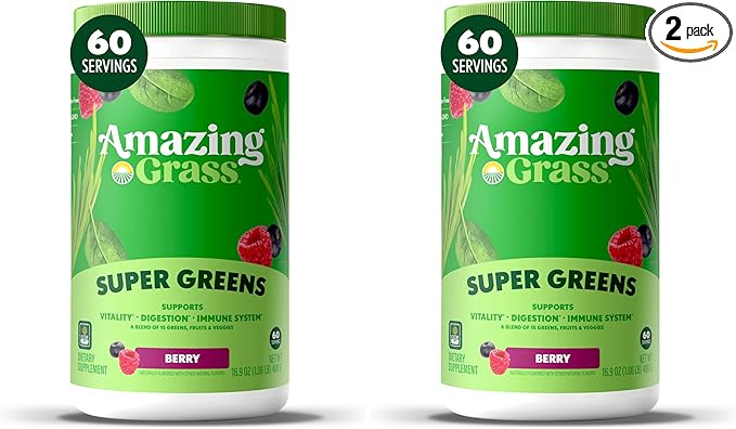 Amazing Grass Greens Blend Superfood: Super Greens Powder Smoothie Mix with SpirulinaChlorellaBeet Root PowderDigestive Enzymes &amp ProbioticsBerry60 Servings (Packaging May Vary)(Pack of 2)