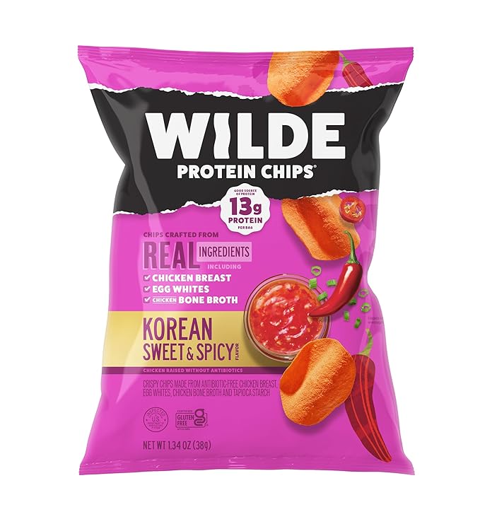 WILDE Protein Chips Korean Sweet &amp Spicy High Protein Snacks for Adults Keto Chips Gluten Free Low Carb Snack Box Made with Real Ingredients 1.34oz Bags Pack of 12