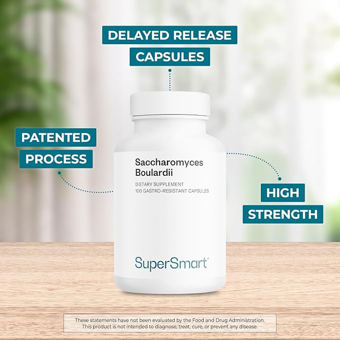 Supersmart - Saccharomyces Boulardii 20 Billion CFU per Day (High Strength) - Probiotic Supplement | Non-GMO &amp Gluten Free - 100 Delayed Release Capsules