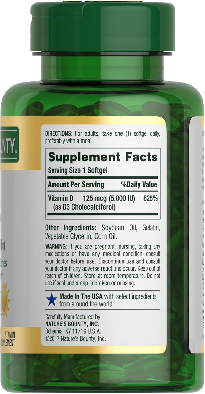 Nature's Bounty Vitamin D3 5000 IU Softgels Rapid Release Immune Support Vitamin D Supplements 240 Ct (Pack of 2)