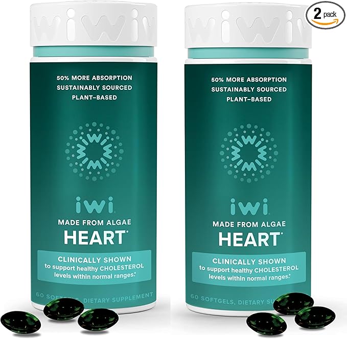 Iwi Life Heart Omega-3 120 Softgels (60 Servings) Vegan Plant-Based Algae Omega Fatty Acids + EPA Heart Health Support Dietary Supplement Krill &amp Fish Oil Alternative No Fishy Aftertaste