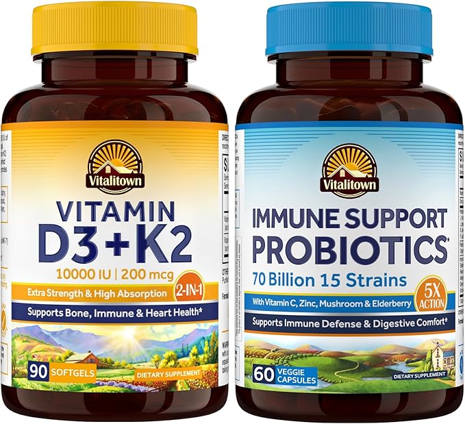 Vitalitown D3 K2 &amp Immune Probiotics 70B Bundle - Vitamin D3 K2 Supplement (10000 IU &amp 200 mcg) + Probiotics (70 Billion CFU 15 Strains) for Immune Bone and Digestive Support