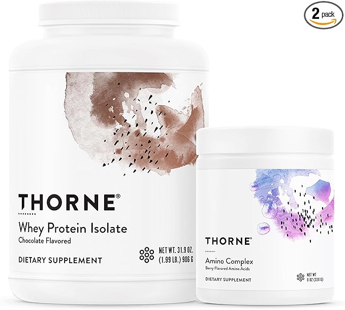 THORNE - Whey Protein Isolate (Chocolate 31.9 Oz) &amp Amino Complex (Berry 8 Oz) Bundle - Supports Muscle Repair &amp Recovery - NSF Certified for Sport - Gluten Free Soy Free