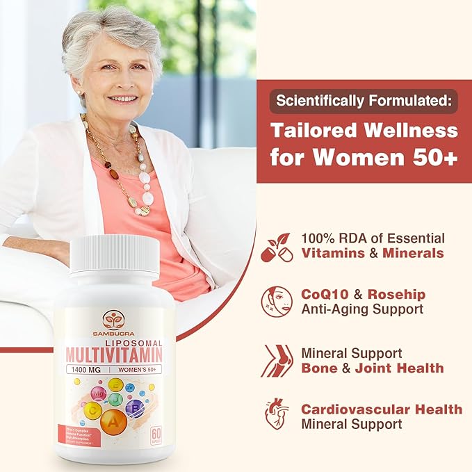 Liposomal Multivitamin for Women 50+ - Women Daily Multivitamin with 32 Ingredients CoQ10 Vitamins C B D E for Cardiovascular &amp Bone Health Support - Iron-Free (60 Capsules)