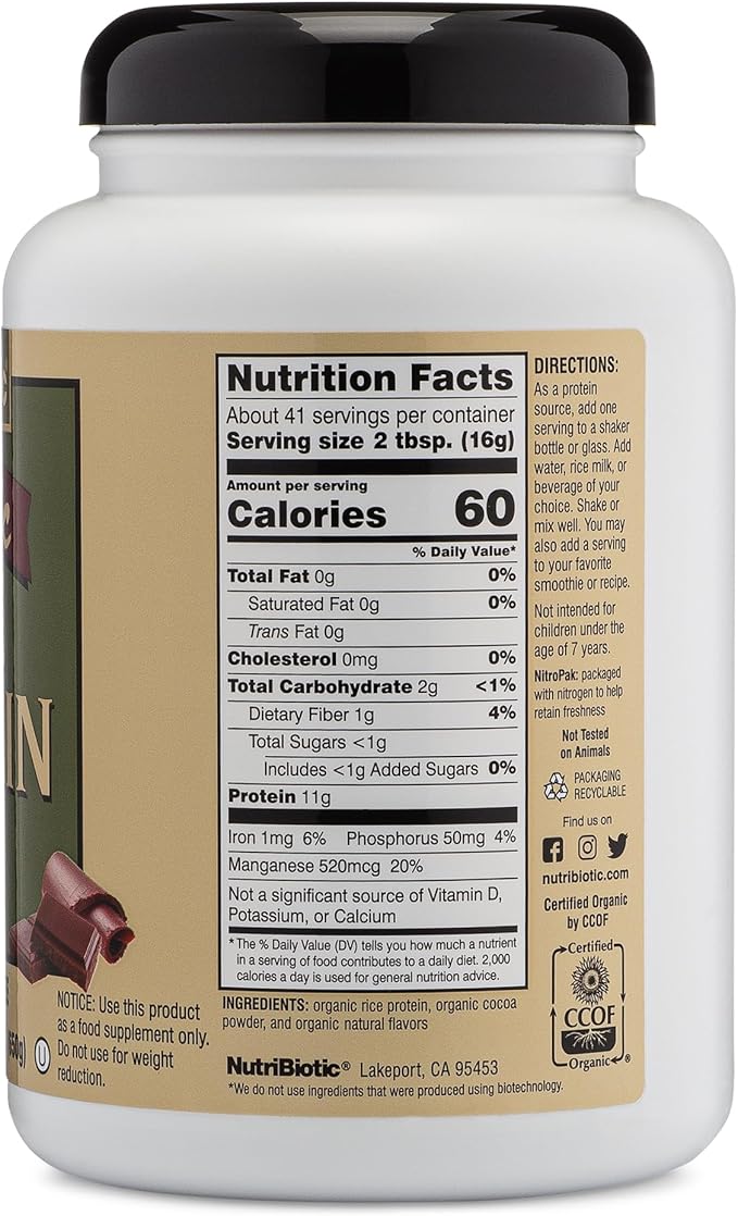 NutriBiotic Certified Organic Rice Protein Chocolate 22.9 Oz | Low Carbohydrate Vegan Protein Powder | Raw Certified Kosher &amp Keto Friendly | Made Without Chemicals GMOs &amp Gluten | Easy to