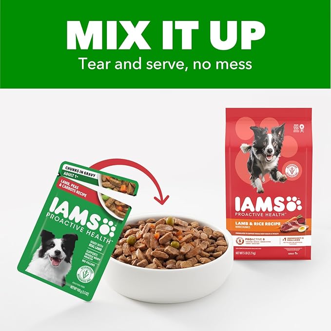 IAMS Proactive Health Adult Wet Dog Food Lamb Peas and Carrots Recipe 3.5 oz. Pouch (16 Count Pack of 1)