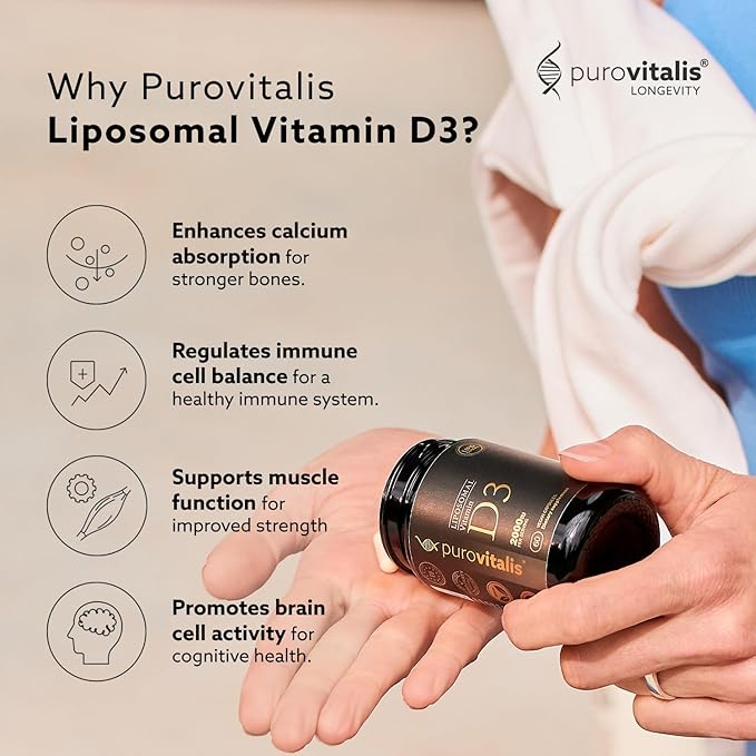 PUROVITALIS Liposomal Vitamin D3 2000iu 60 Servings (60 Vegan Capsules) High Strength Anti-oxidant Supplement