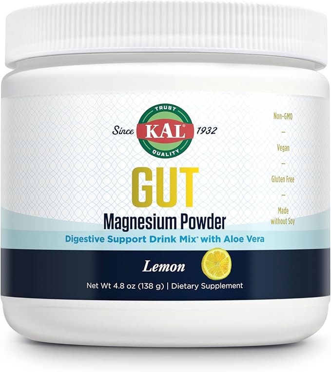 KAL Gut Magnesium Plus Aloe Vera Powder - Lemon Drink Mix - Magnesium Citrate Supplement with Aloe Vera Gel for Digestion &amp Relaxation Support - No Sugar - 60-Day Guarantee 40 Servings 4.8 OZ