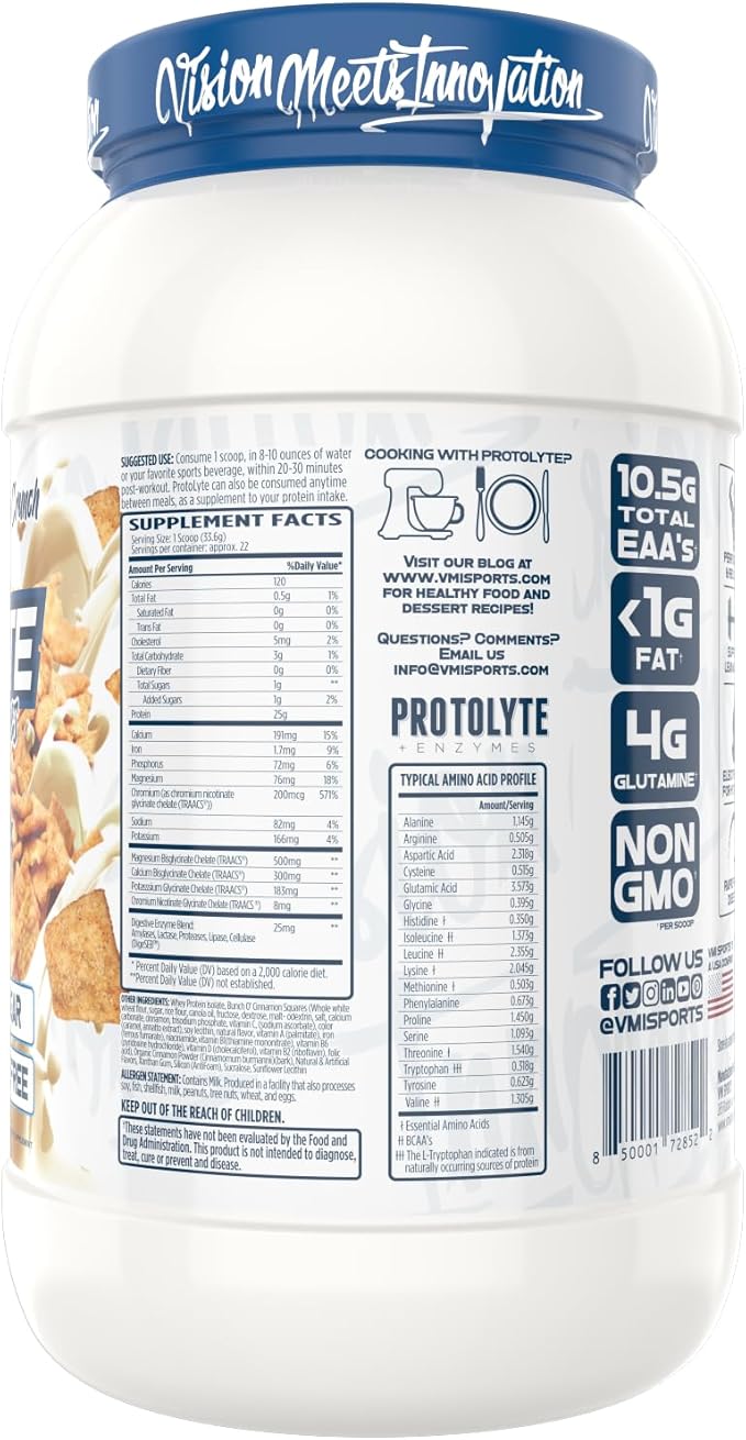 VMI Sports | ProtoLyte Whey Isolate Protein Powder | Low Calorie Whey for Weight Loss and Muscle Gain | Digestive Enzymes | Non-GMO (1.6 lb Cinnamon Crunch)