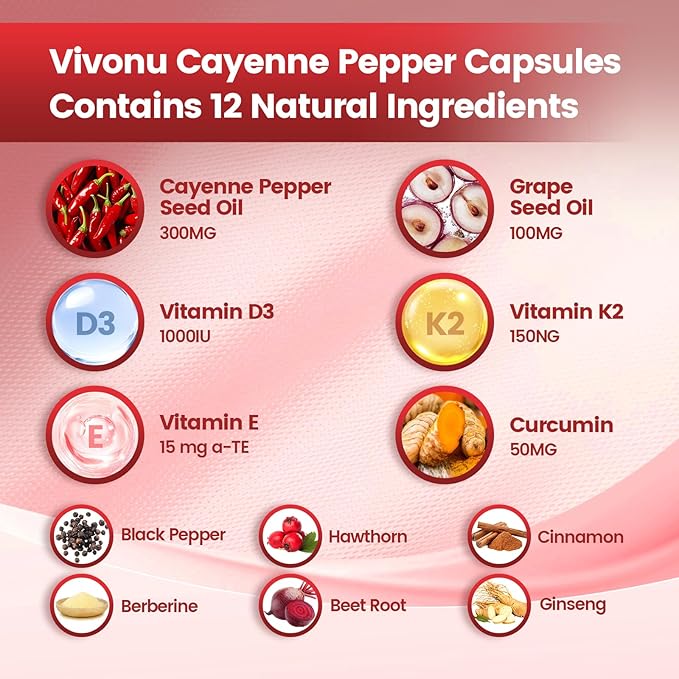 Cayenne Pepper Softgels Supplement with Vitamin E D3+K2 and Extracts of Turmeric Grape Seed Hawthorn Beetroot Berberine and Others Supports Leg Vein Heart and Blood Vessel Health (2 Pack)