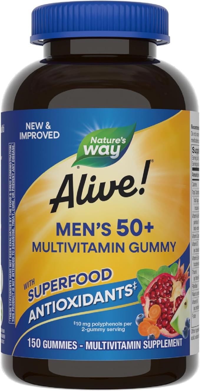 Nature's Way Alive! Men’s 50+ Daily Gummy Multivitamins Supports Healthy Brain Eyes Heart* B-Vitamins Gluten-Free Fruit Flavored 150 Gummies (Packaging May Vary)