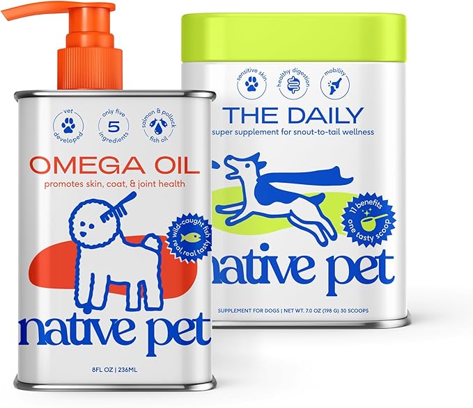 Native Pet Pack Leaders Bundle - Daily Dog Multivitamin (7 oz.) &amp Omega Oil for Dogs (8 oz.) - Omega 3 Fish Oil for Healthy Skin Shiny Coat &amp Strong Joints &amp Daily Multivitamin for Pups
