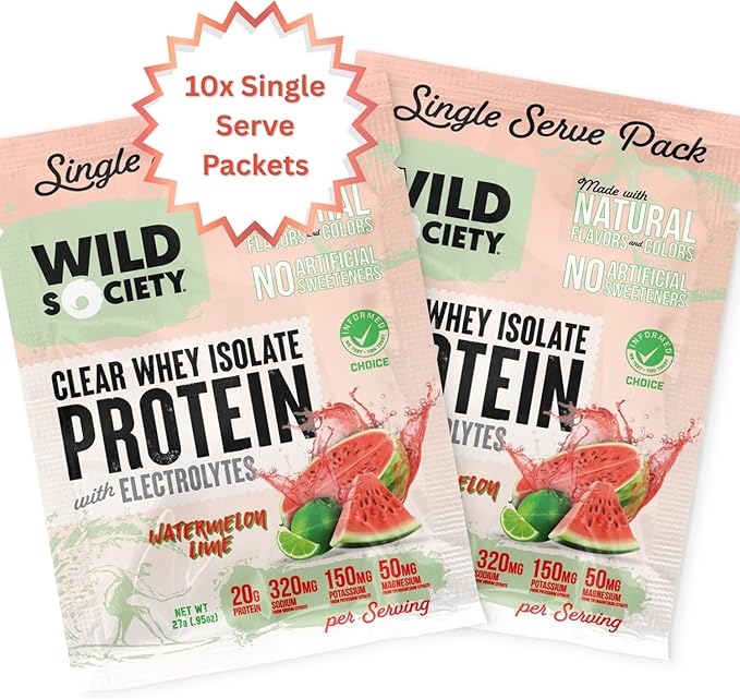 WILD SOCIETY - Clear Protein Powder + Electrolytes - 20g Clear Whey Protein Isolate Drink - Zero Sugar - 0g Lactose - Natural Ingredients - Travel Pack - 10x Singe Serves - Watermelon Lime