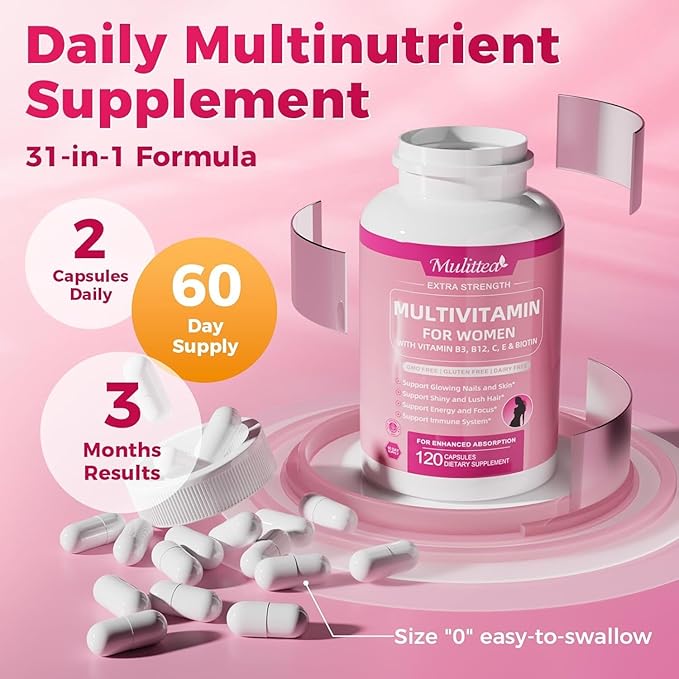 Mulittea Multivitamin for Women - 18+ Daily Women Multivitamin w/Biotin 10000mcg Vitamin A C D E &amp More for Hair Skin and Nails - Methylated B9B12 for Energy &amp Focus -120 CT 2 Pack