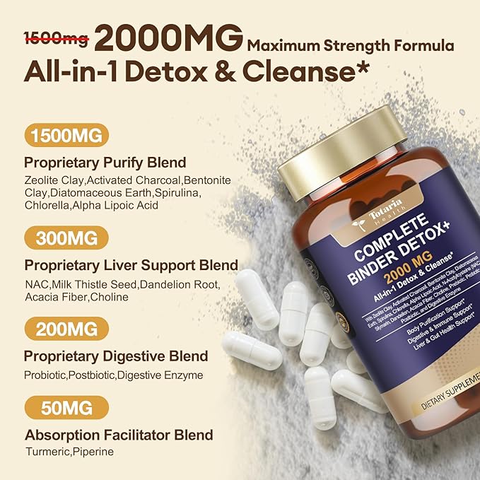 2Pack 2000MG Complete Binder Detox+ Activated Charcoal Zeolite Bentonite Clay NAC Milk Thistle Probiotic All-in-1 Detox &amp Cleanse Supplement Liver &amp Gut Support 240 Capsules