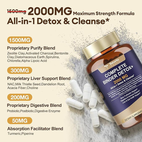 2Pack 2000MG Complete Binder Detox+ Activated Charcoal Zeolite Bentonite Clay NAC Milk Thistle Probiotic All-in-1 Detox &amp Cleanse Supplement Liver &amp Gut Support 240 Capsules