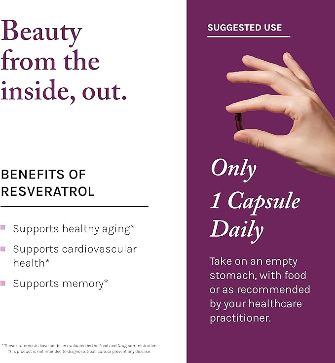Reserveage Beauty Resveratrol Plus+ 500 mg - Rapid-Release Resveratrol Capsules with Quercetin for Immune System Brain Health &amp Cellular Health - Gluten-Free &amp Vegan - 30 Veggie Capsules