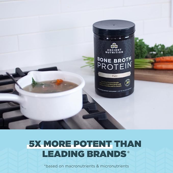 Ancient Nutrition Bone Broth Protein Powder Pure 20 Servings + Organic Supergreens Powder Greens Flavor 25 Servings