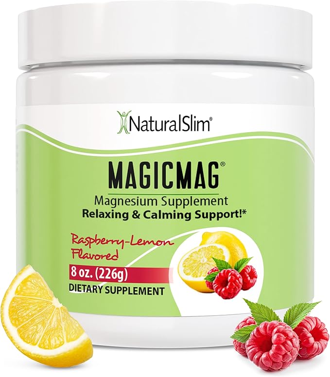 NaturalSlim MagicMag Magnesium Citrate Powder Drink for Relaxation Stress Constipation Better Rest &amp Digestive Health Magnesium Supplement for Women and Men Raspberry Lemon 8oz