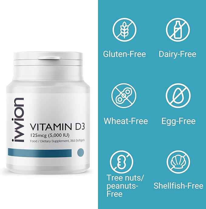 Preservative-Free Vitamin D3 5000 IU (125 µg) Softgels 1 Year Supply – High Strength Cholecalciferol | Gluten Free Non-GMO | Supports Immune System Bones Teeth &amp Muscles | UK Made 365 Count
