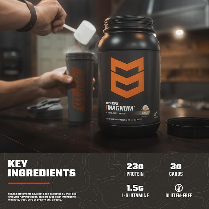 MTN OPS Magnum Protein Powder 23g Protein per Serving Whey Protein Blend with BCAAs Low Sugar Gluten Free 30 Servings Vanilla